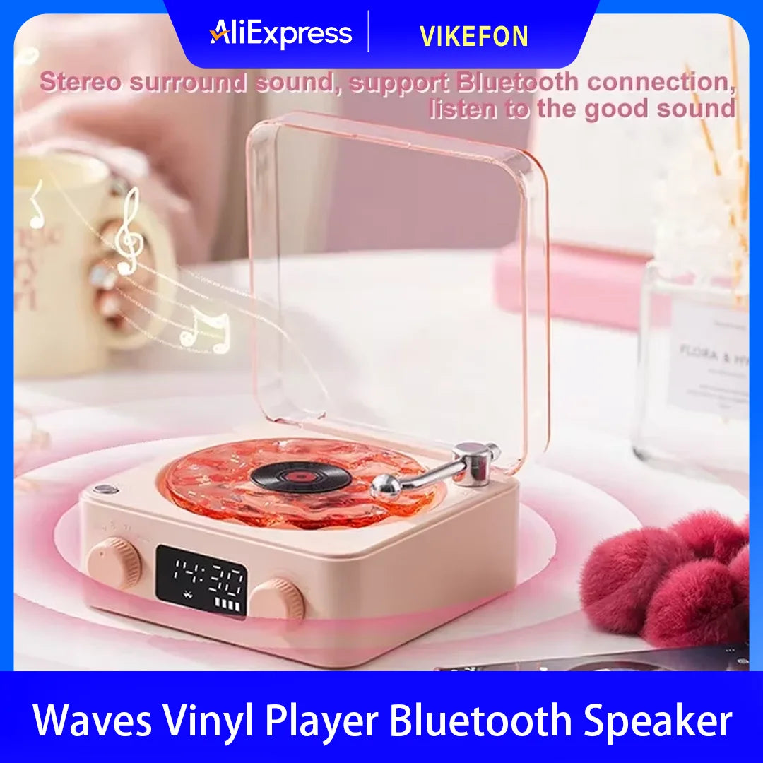 Waves Vinyl Player Bluetooth Speaker with White Noise Retro Turntable Speaker Sleep Aid Vitrola Shaped Speaker with RGB Light